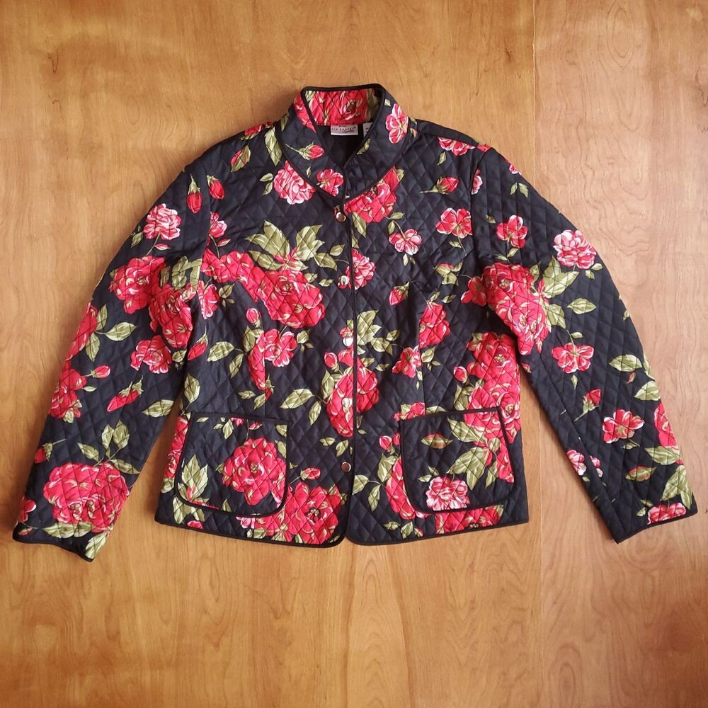 Vintage Quilted Jacket Womens Petite L Black Red Floral Snap Front Kim Rogers